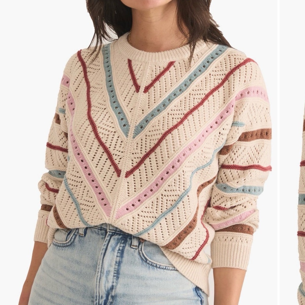 Marine Layer Cream Open-Knit Crew Sweater with Blue and Berry Stripes